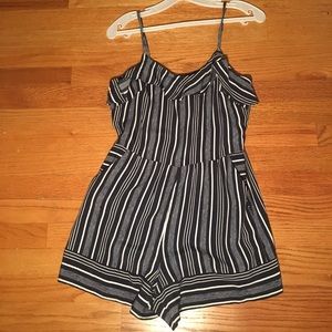 Petite Navy and White Stripe Ruffle Short Romper